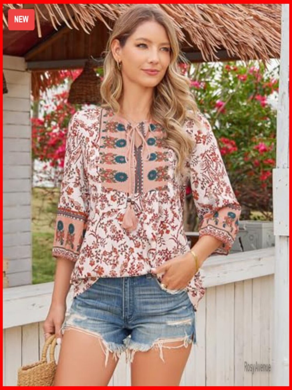 Boho Floral 3/4 Sleeve Babydoll Tunic Top - Flowy Peplum Blouse - Picture 5 of 7